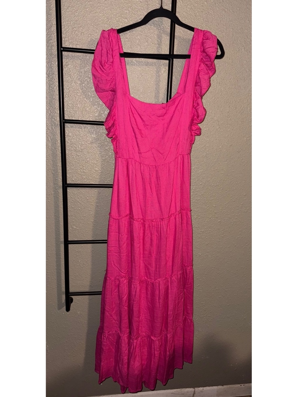 Altar’d State Hot Pink Ruffle Tiered Maxi Dress Open Tie Back Size Medium
